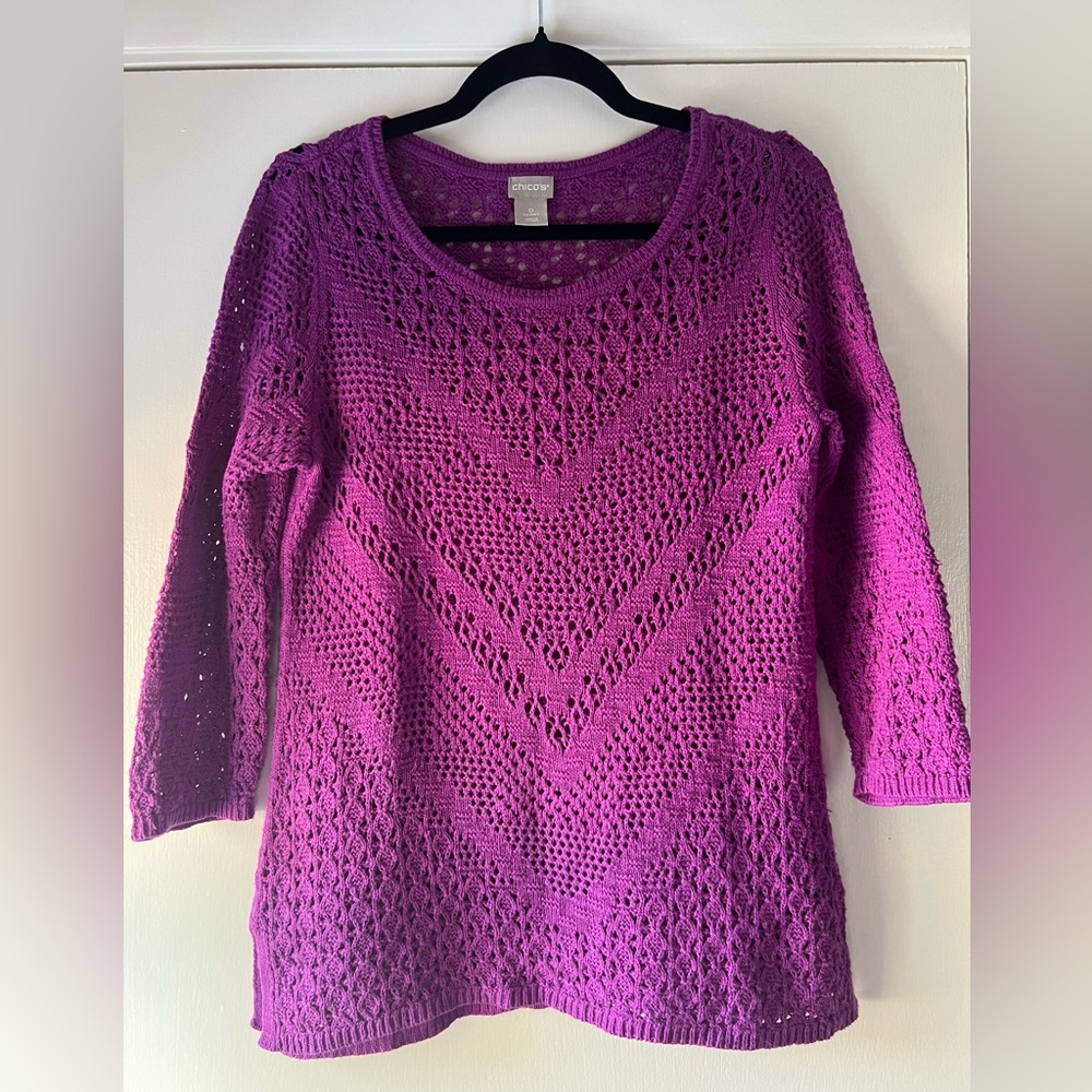 Chico’s Open Weave Plum Purple Scoop Neck 3/4 Sleeve Sweater 100% Cotton